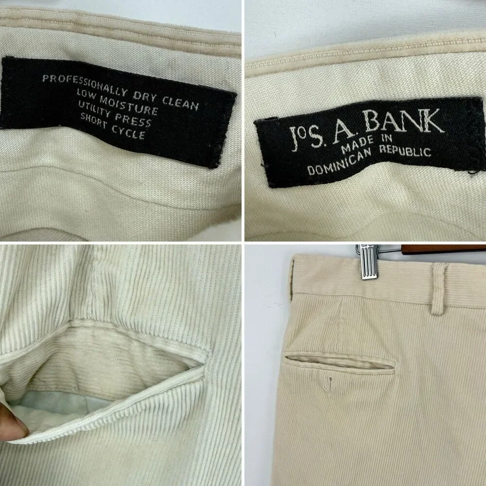 VTG Jos. A. Bank Mens Pants Beige Corduroy Straight Cuffed Pleat Chinos Size 35 - Picture 10 of 15